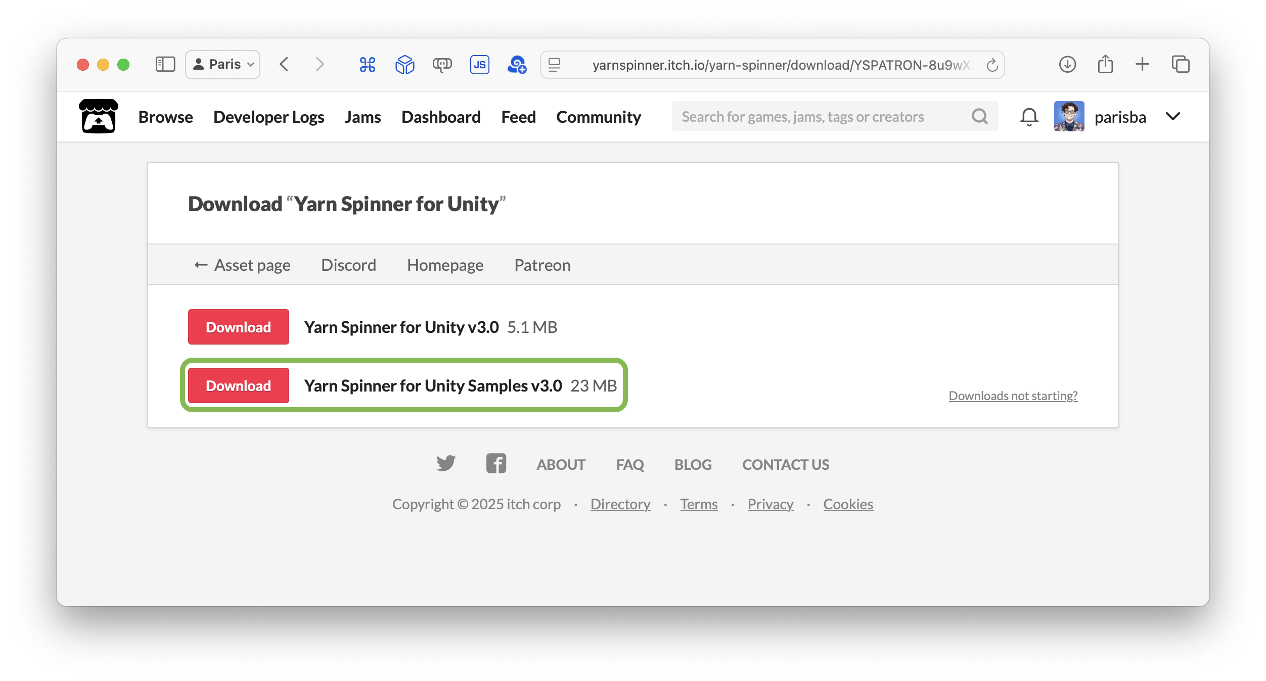 The downloads page for Yarn Spinner for Unity on Itch highlighting the samples package