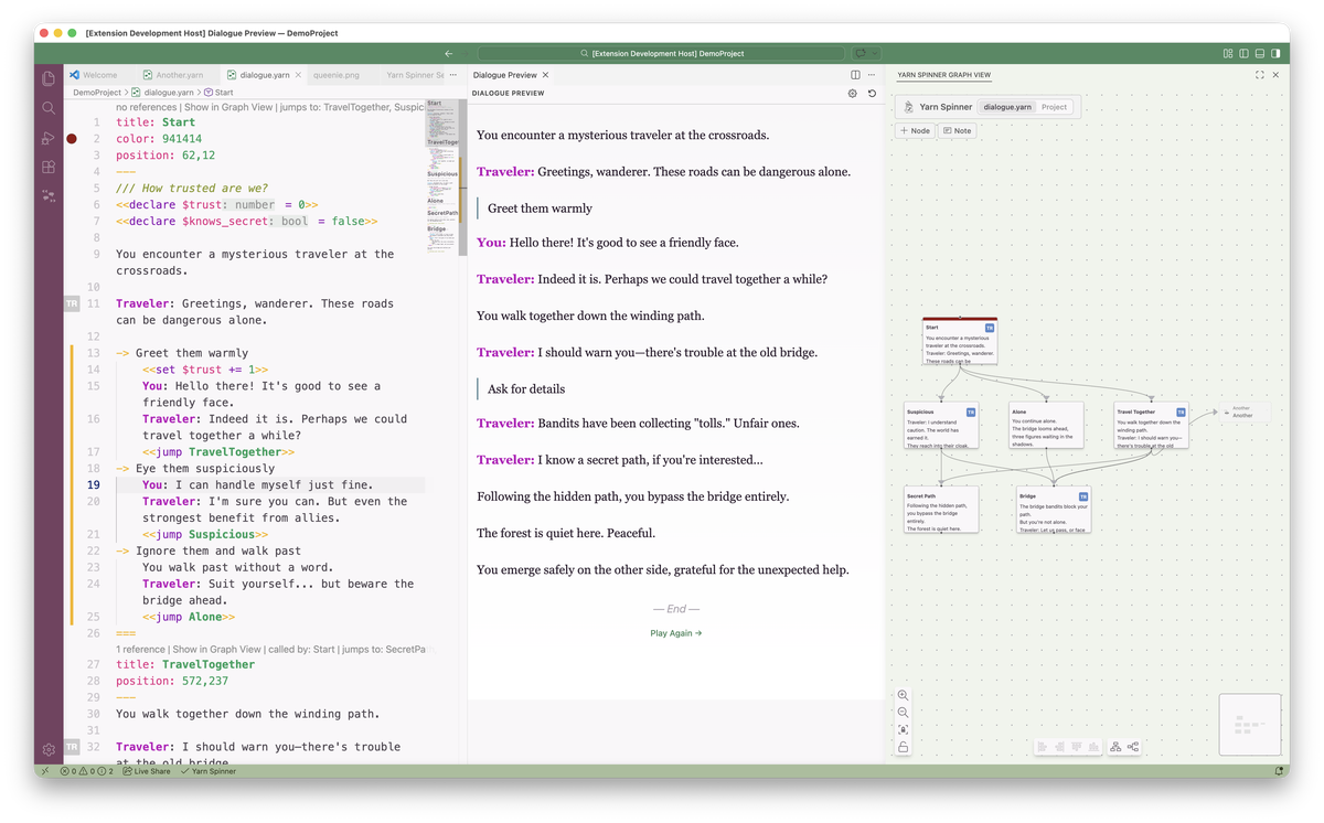 The new Yarn Spinner for Visual Studio Code extension, showing the editor, dialogue preview, and graph view side by side.