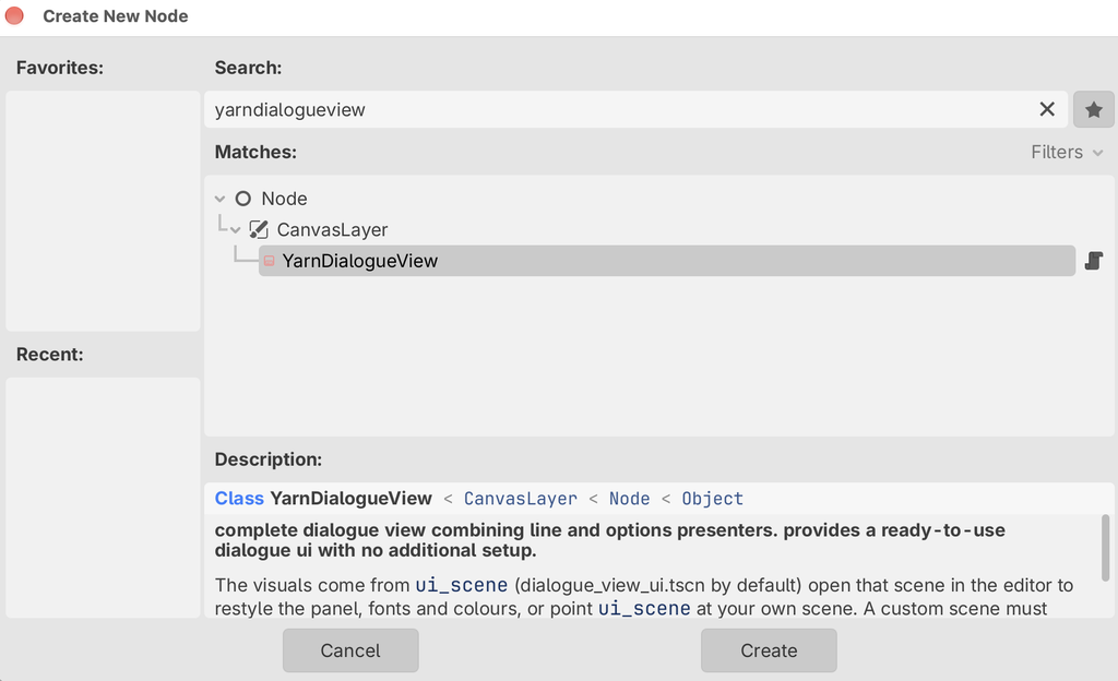 Godot's Create New Node dialog with yarndialogueview typed in the search box, YarnDialogueView selected under CanvasLayer, and its class description below