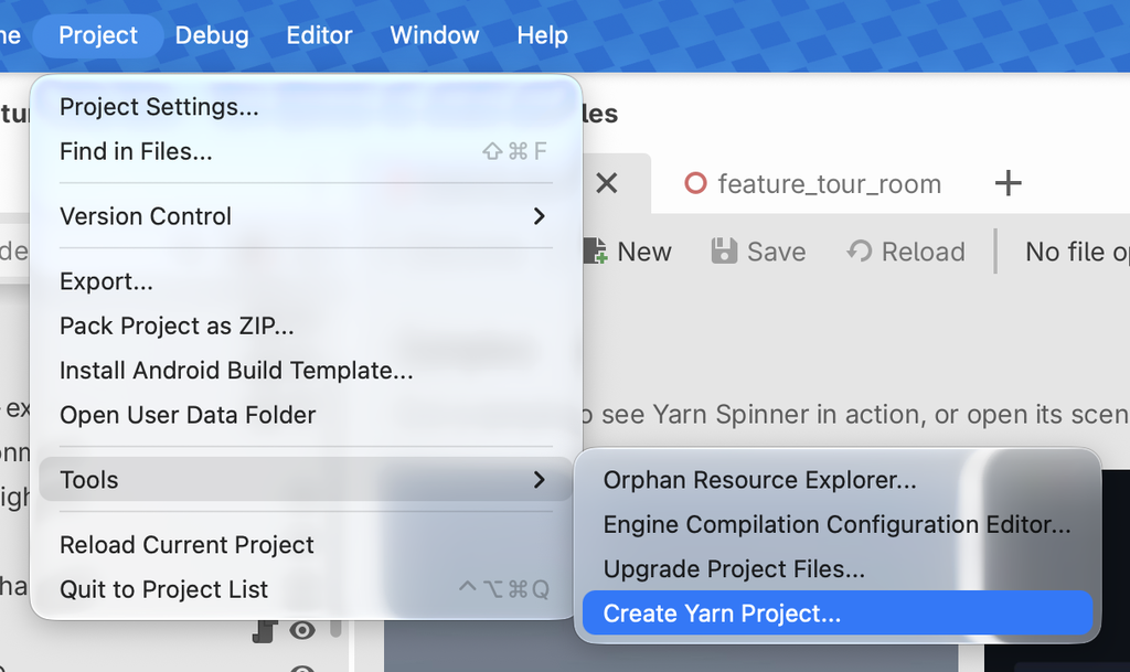 Godot's Project menu open at Tools, with Create Yarn Project... highlighted