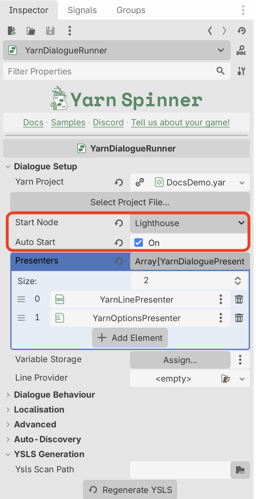 The Inspector for a YarnDialogueRunner with Start Node set to Lighthouse and Auto Start turned on, both highlighted