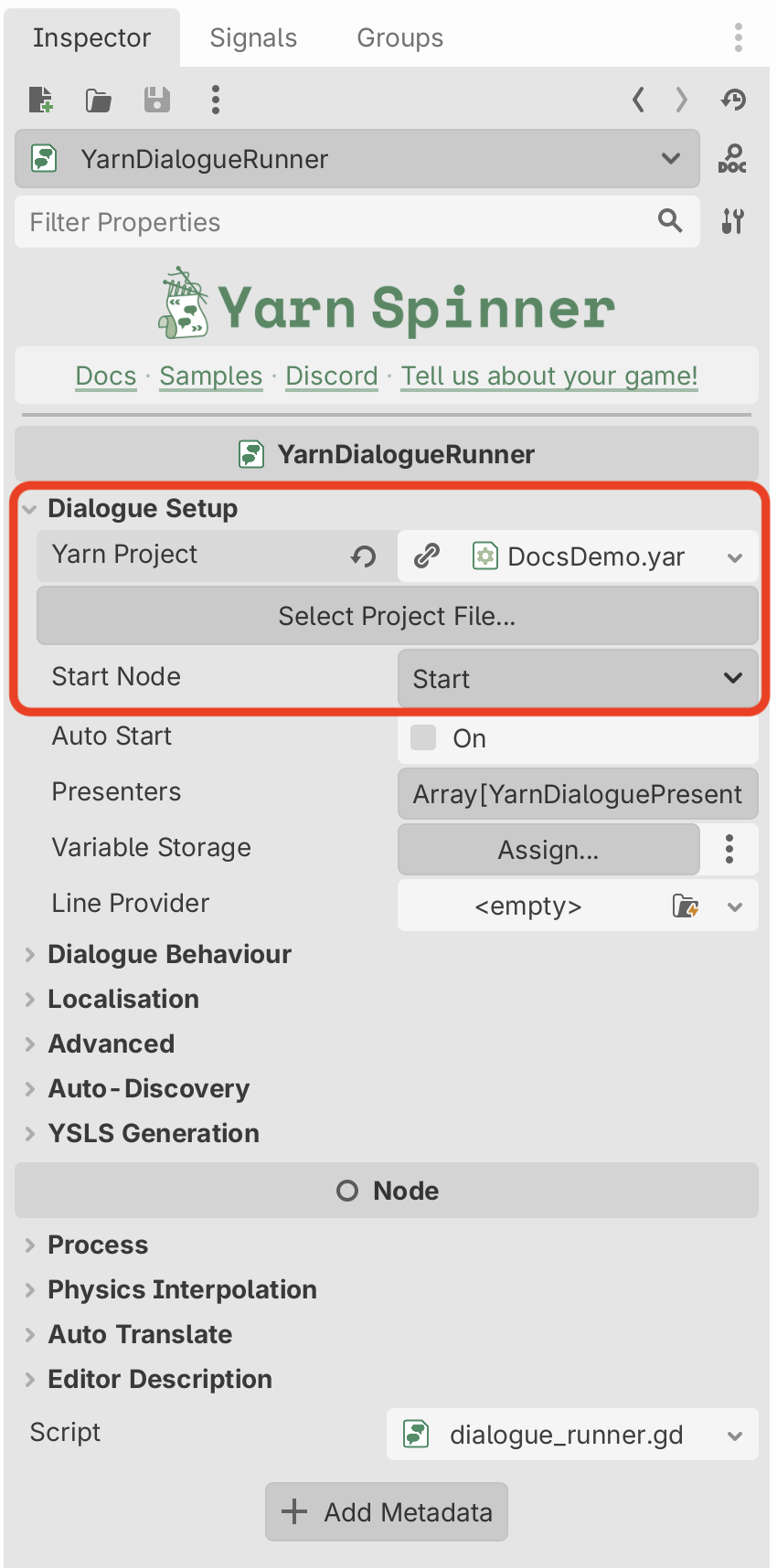 The Inspector for a YarnDialogueRunner with the top of Dialogue Setup highlighted: Yarn Project set to DocsDemo.yarnproject, the Select Project File... button, and Start Node set to Start
