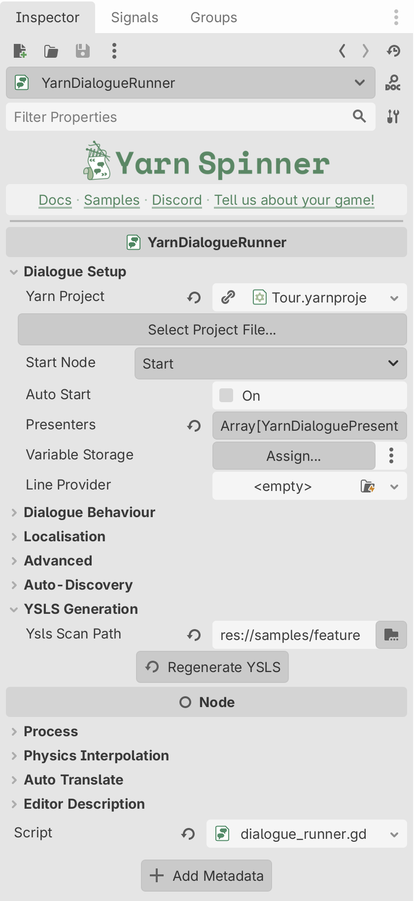 The Inspector for a YarnDialogueRunner, showing the Yarn Spinner header, Dialogue Setup with Yarn Project, a Select Project File... button, a Start Node dropdown, Auto Start, Presenters, Variable Storage and Line Provider, and YSLS Generation with a Regenerate YSLS button