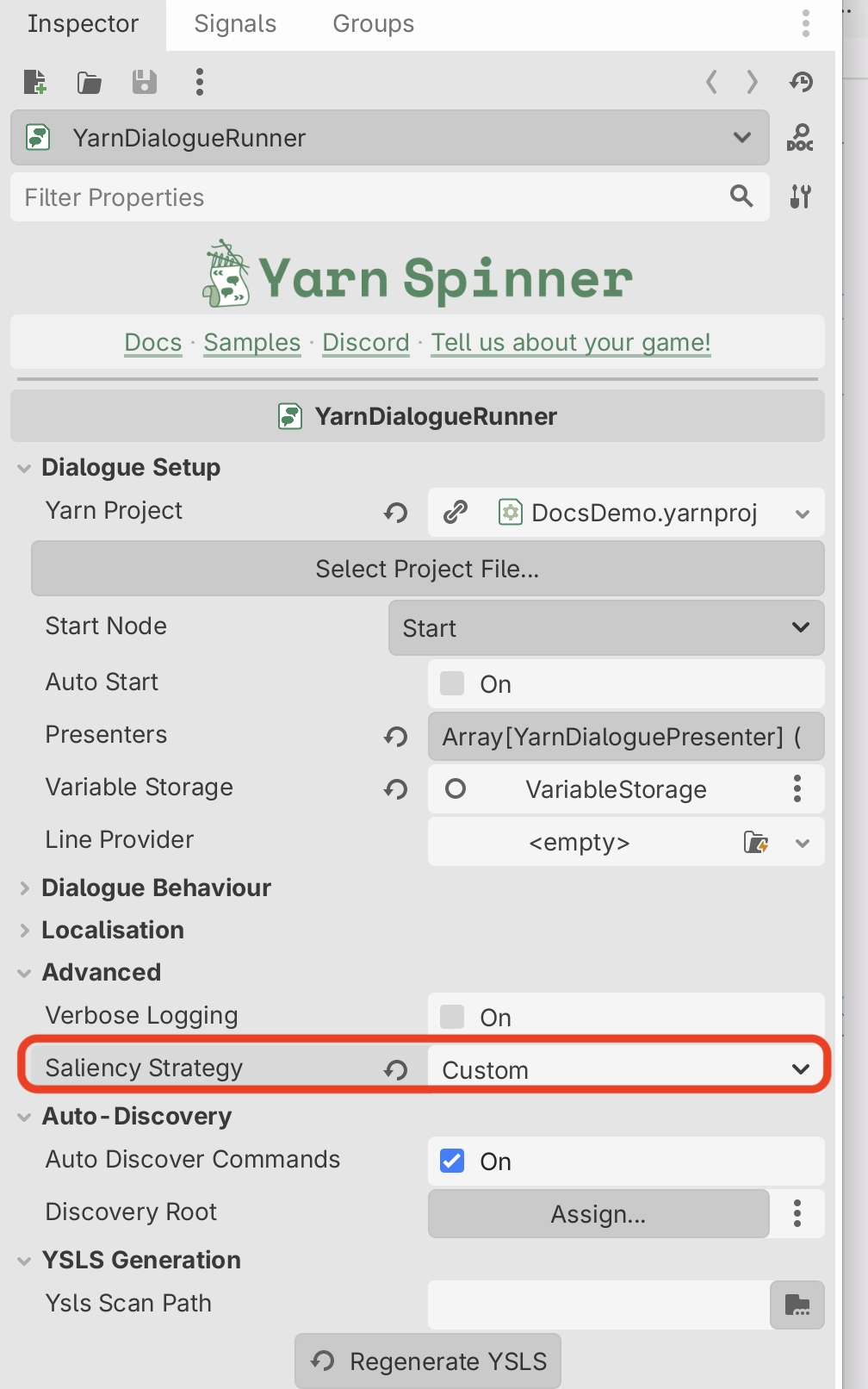 The Inspector for a YarnDialogueRunner, with the Advanced group open and Saliency Strategy set to Custom, highlighted.