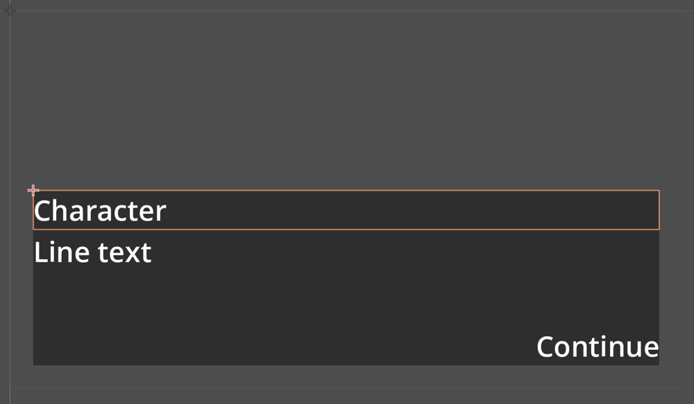 The Line Presenter's panel in Godot's 2D view, with CharacterLabel selected: the strip across the top of the panel that shows the speaker's name