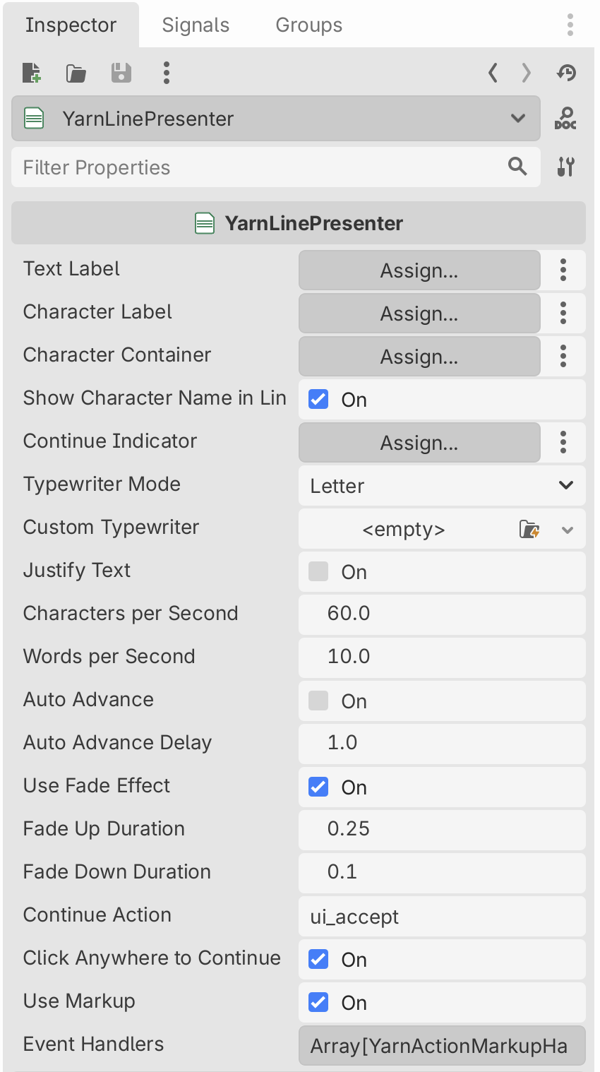 The Inspector for a YarnLinePresenter, showing Text Label, Character Label, Character Container, Show Character Name in Line, Continue Indicator, Typewriter Mode, Custom Typewriter, Justify Text, Characters per Second, Words per Second, Auto Advance, Auto Advance Delay, Use Fade Effect, Fade Up Duration, Fade Down Duration, Continue Action, Click Anywhere to Continue, Use Markup and Event Handlers