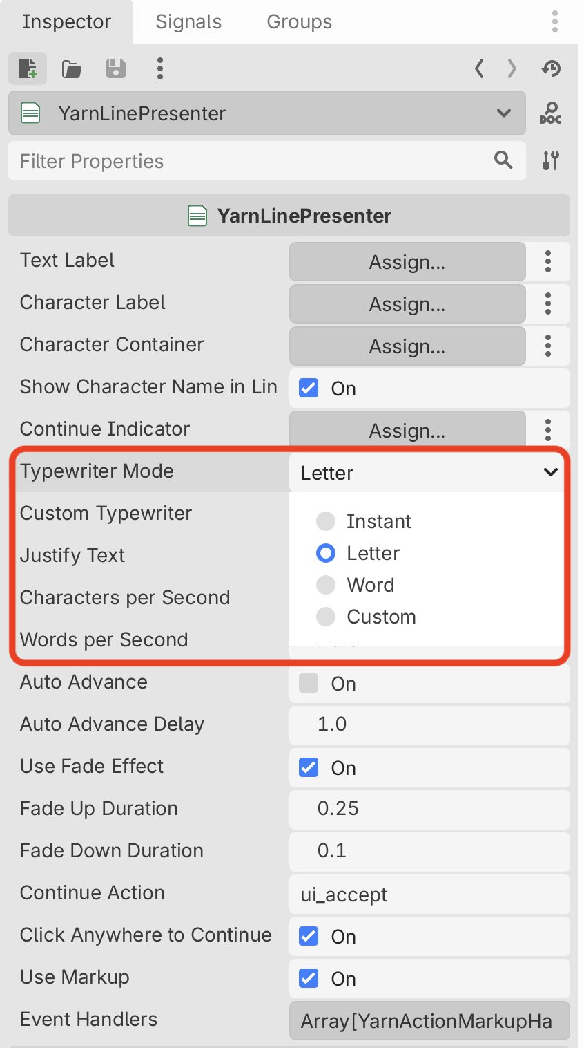 The Inspector for a YarnLinePresenter with the Typewriter Mode menu open, showing Instant, Letter (selected), Word and Custom, next to Custom Typewriter, Justify Text, Characters per Second and Words per Second