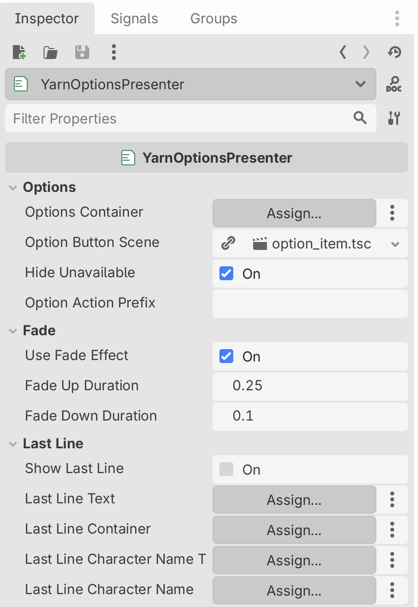 The Inspector for a YarnOptionsPresenter, showing three groups: Options, with Options Container, Option Button Scene set to option_item.tscn, Hide Unavailable and Option Action Prefix; Fade, with Use Fade Effect, Fade Up Duration and Fade Down Duration; and Last Line, with Show Last Line, Last Line Text, Last Line Container, Last Line Character Name Text and Last Line Character Name Container