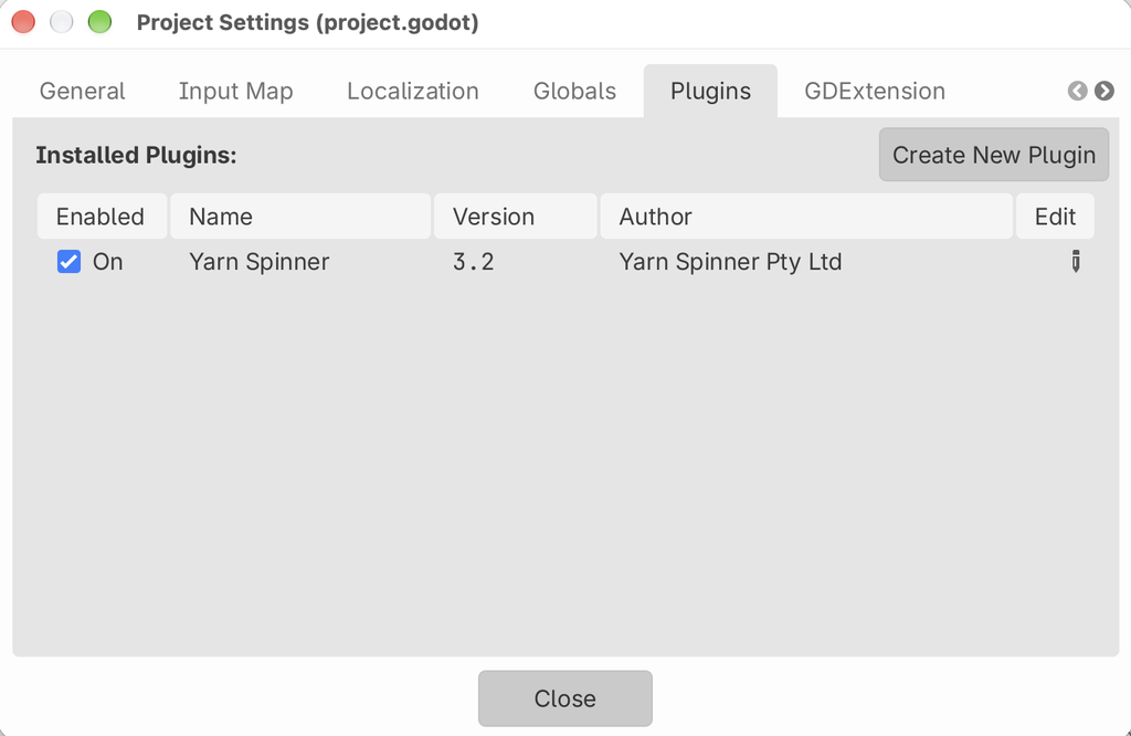 Godot's Project Settings window on the Plugins tab, with the Yarn Spinner plugin, version 3.2 by Yarn Spinner Pty Ltd, turned on