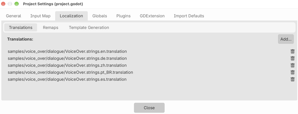 Godot's Project Settings window on the Localization tab, with the Translations list showing the Voice Over sample's five .translation files, for en, de, zh, pt_BR and es, and an Add button