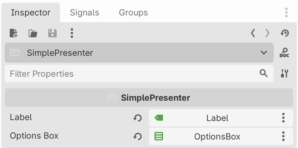 The Inspector for SimplePresenter, with Label set to the Label node and Options Box set to OptionsBox
