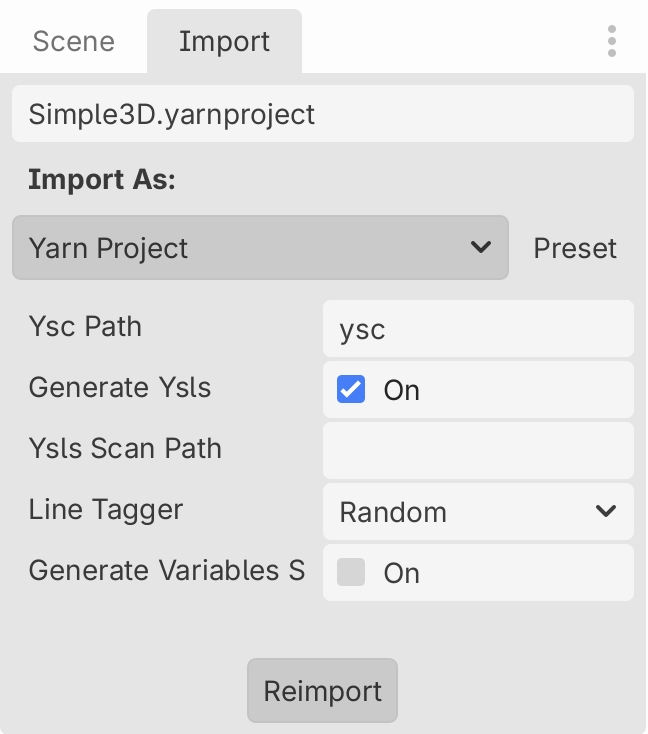 Godot's Import dock for Simple3D.yarnproject, imported as Yarn Project, showing Ysc Path, Generate Ysls, Ysls Scan Path, Line Tagger and Generate Variables Source