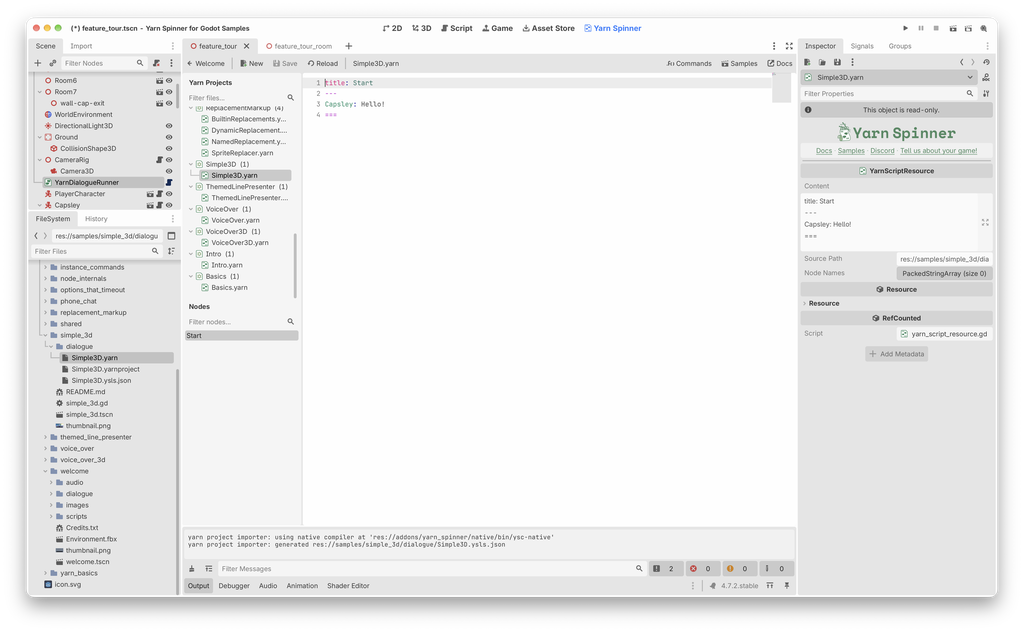 The Godot editor with Simple3D.yarn open in the Yarn Spinner tab, its Start node listed under Nodes, compiler messages in the Output panel, and the Yarn Script's text in the Inspector