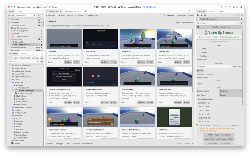 The Samples browser in the Yarn Spinner tab, with a card for each sample showing its thumbnail, a short description, and Play, Open and Docs buttons