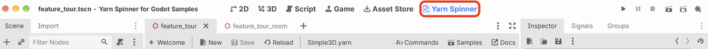 The top of the Godot editor, with the Yarn Spinner tab highlighted next to 2D, 3D, Script, Game and Asset Store