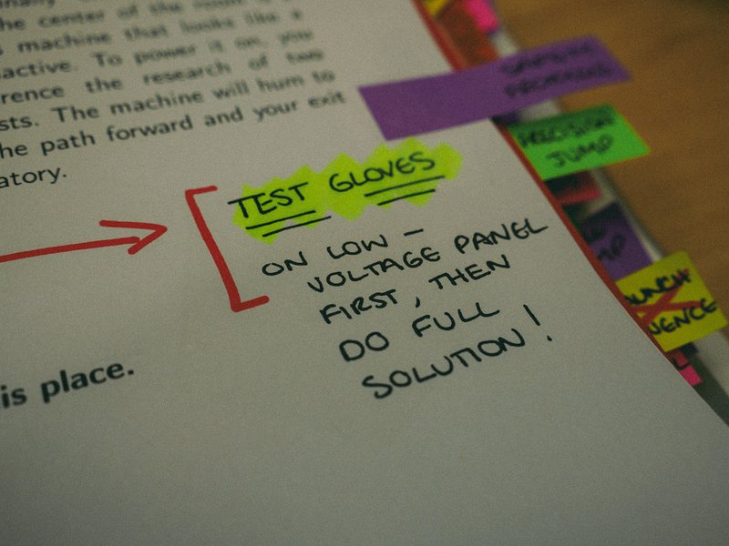 TEST GLOVES note with sticky tabs