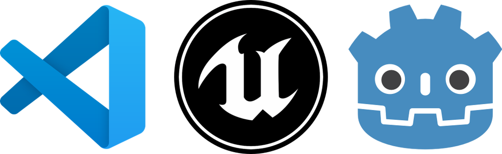 Logos for Visual Studio Code, Unreal Engine, and Godot Engine.